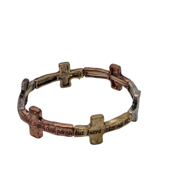 Inspirational Cross Bracelet Bible Verse In Tri-Color Gold  Metal Stretch Faith - Picture 7 of 14